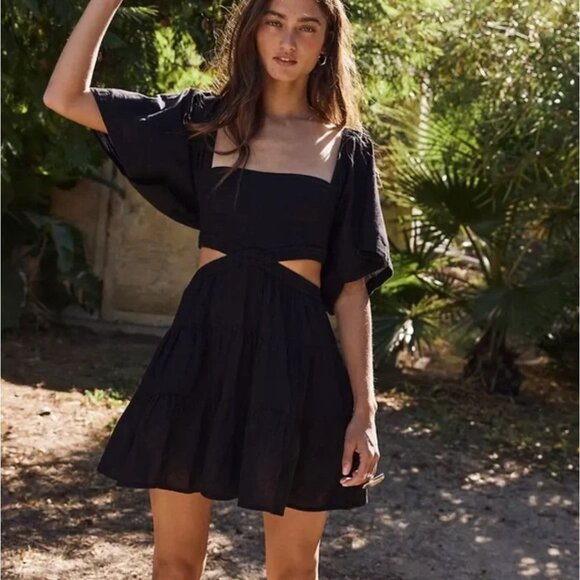 Free People Cross Of Sunlight Smocked Cut Out Mini Dress XL Black Boho - Picture 1 of 12